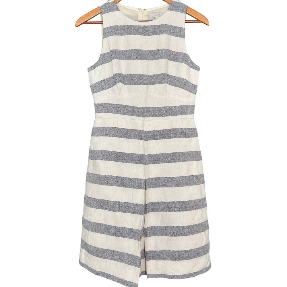 J. Crew Cream/black Striped Cotton Linen Blend Sleeveless Dress w Pleats Size 2